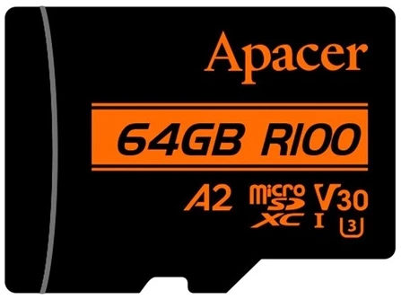 Apacer MicroSD kártya - 64GB microSDXC UHS-I U3 V30 A2 (R/W: 100/80 MB/s) + adapter 1 Apacer MicroSD kártya - 64GB microSDXC UHS-I U3 V30 A2 (R/W: 100/80 MB/s) + adapter