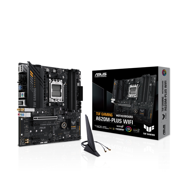Asus Alaplap - AMD TUF GAMING A620M-PLUS WIFI AM5 (A620, 4xDDR5 7600+MHz, 1x 2,5 Gb LAN, 2xM.2, 4xSATA3, HDMI+2xDP)