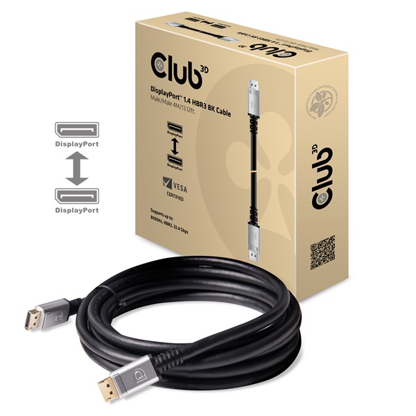 Club 3D Kábel - CAC-1069 (DisplayPort 1.4 HBR3 8K @60Hz, 32.4Gbps, 4m, 24AWG, DSC 1.2, VESA, M/M) 1 Club 3D Kábel - CAC-1069 (DisplayPort 1.4 HBR3 8K @60Hz, 32.4Gbps, 4m, 24AWG, DSC 1.2, VESA, M/M)