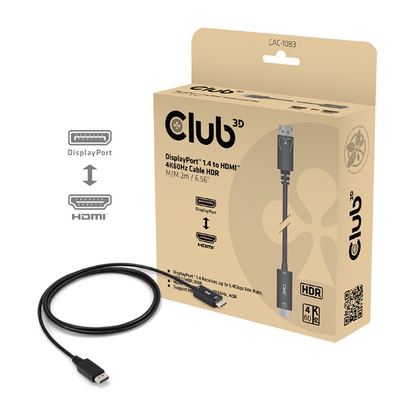 Club 3D Kábel - CAC-1083 (DisplayPort 1.4 to HDMI 2.0, aktív adapter, 4K60Hz, HDR, 2m)