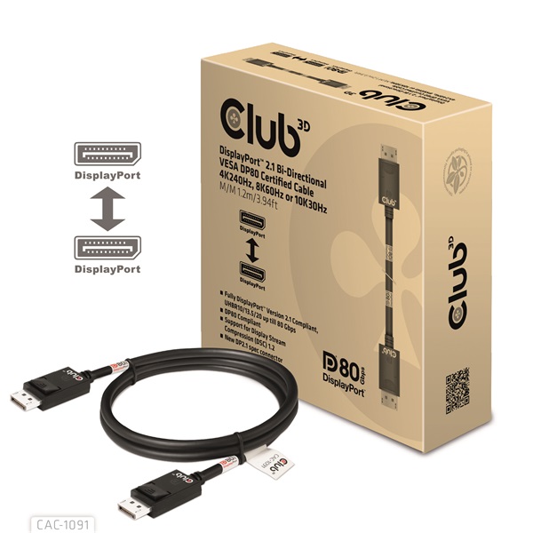 Club 3D Kábel - CAC-1091 (DisplayPort 2.1, DP80, 4K240Hz, 1.2m, Bidirectional, M/M) 1 Club 3D Kábel - CAC-1091 (DisplayPort 2.1, DP80, 4K240Hz, 1.2m, Bidirectional, M/M)