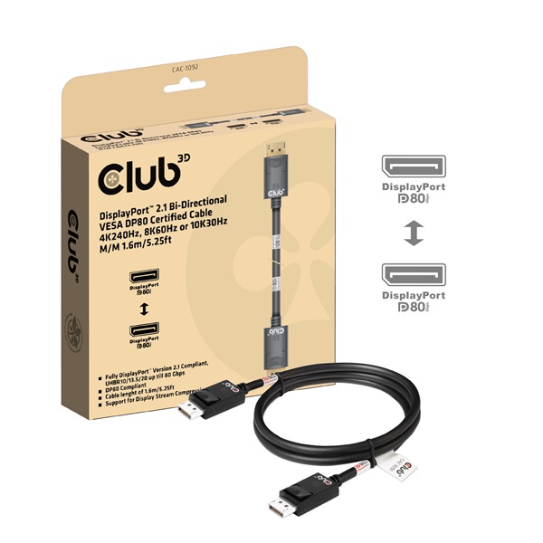 Club 3D Kábel - CAC-1092 (DisplayPort 2.1, DP80, 8K240Hz, 1.6m, Bi-Directional, M/M) 1 Club 3D Kábel - CAC-1092 (DisplayPort 2.1, DP80, 8K240Hz, 1.6m, Bi-Directional, M/M)