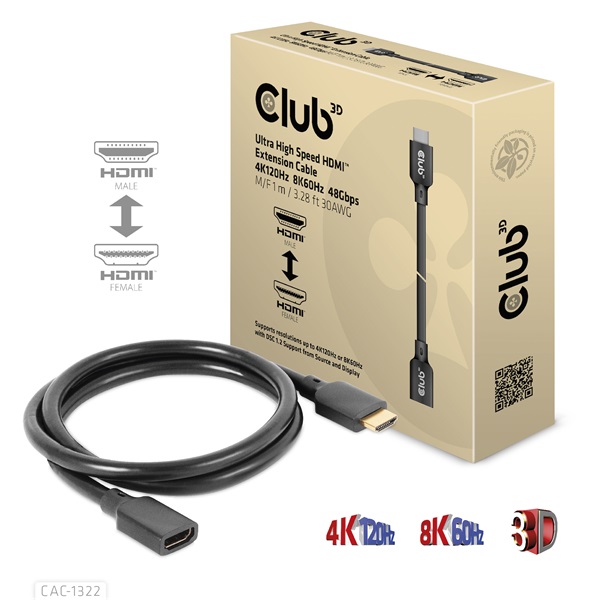 Club 3D Kábel - CAC-1322 (HDMI 2.1 Ultra High Speed, 4K120Hz 8K60Hz, 30AWG, 48Gbps, 1m, M/F) 1 Club 3D Kábel - CAC-1322 (HDMI 2.1 Ultra High Speed, 4K120Hz 8K60Hz, 30AWG, 48Gbps, 1m, M/F)