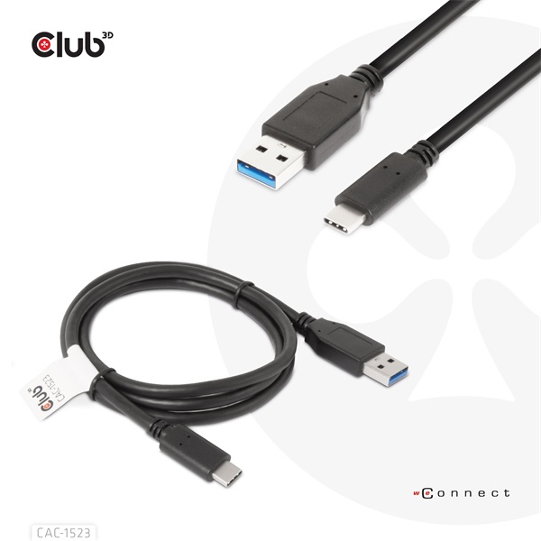 Club 3D Kábel - CAC-1523 (3.1 USB-C Gen 2 to 3.1 USB-A Gen 2, 10Gbps, 60W PD2.0, Bidirectional, 4K60Hz, M/M, 1m)