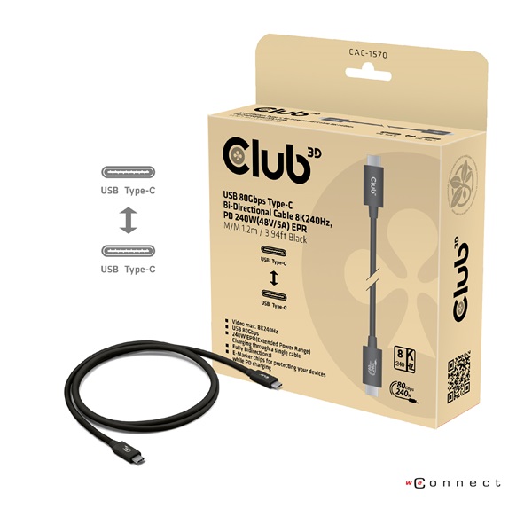 Club 3D Kábel - CAC-1570 (USB4 USB-C, 240W PD, 80Gbps, 8K240Hz, 4K540Hz, Bidirectional, fekete, M/M, 1,2m) 1 Club 3D Kábel - CAC-1570 (USB4 USB-C, 240W PD, 80Gbps, 8K240Hz, 4K540Hz, Bidirectional, fekete, M/M, 1,2m)