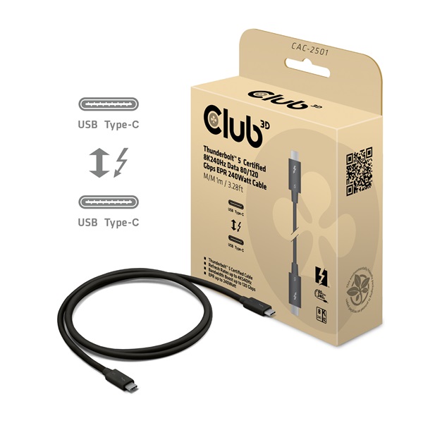 Club 3D Kábel - CAC-2501 (Thunderbolt 5 USB-C to USB-C, 240W, 80/120 Gbps, EPR, 8K240Hz, M/M, 1m) 1 Club 3D Kábel - CAC-2501 (Thunderbolt 5 USB-C to USB-C, 240W, 80/120 Gbps, EPR, 8K240Hz, M/M, 1m)