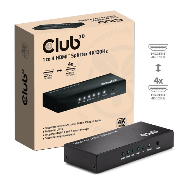 Club 3D Splitter - CSV-1385 (1 to 4 HDMI, 4K120Hz, 3D, HDCP 1.4/2.2, Audio, 6Gbps) 1 Club 3D Splitter - CSV-1385 (1 to 4 HDMI, 4K120Hz, 3D, HDCP 1.4/2.2, Audio, 6Gbps)