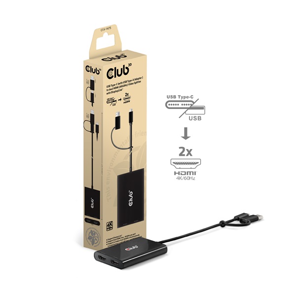 Club 3D Video Splitter - CSV-1475 (4K60HZ, 3.2 USB-C (USB-A Adapterrel) to 2xHDMI, Displaylink) 1 Club 3D Video Splitter - CSV-1475 (4K60HZ, 3.2 USB-C (USB-A Adapterrel) to 2xHDMI, Displaylink)
