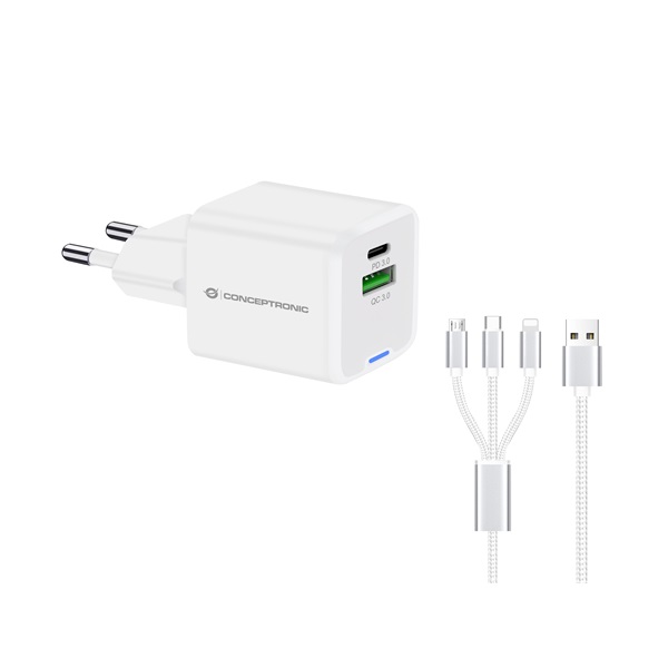 Conceptronic telefon töltő adapter+kábel - ALTHEA16W (USB-C+USB-A, 33W, 3in1 töltő kábel, fehér) 1 Conceptronic telefon töltő adapter+kábel - ALTHEA16W (USB-C+USB-A, 33W, 3in1 töltő kábel, fehér)