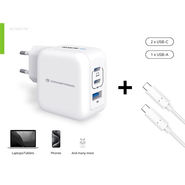 Conceptronic telefon töltő adapter+kábel - ALTHEA17W (2xUSB-C+USB-A, 67W, USB-C töltő kábel, fehér) 1 Conceptronic telefon töltő adapter+kábel - ALTHEA17W (2xUSB-C+USB-A, 67W, USB-C töltő kábel, fehér)