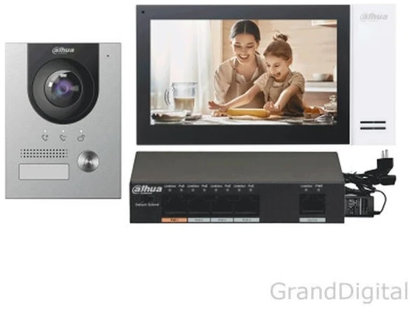 Dahua IP video kaputelefon szett - KTP01(F) (VTH2421FW-P + VTO2202F-P + PFS3005-4ET-60 + VTM114)