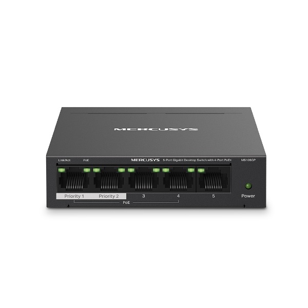 Mercusys Switch PoE - MS105GP (5 port 1Gbps; 4 af/at PoE+ port; 65W; 250m; fém ház) 1 Mercusys Switch PoE - MS105GP (5 port 1Gbps; 4 af/at PoE+ port; 65W; 250m; fém ház)