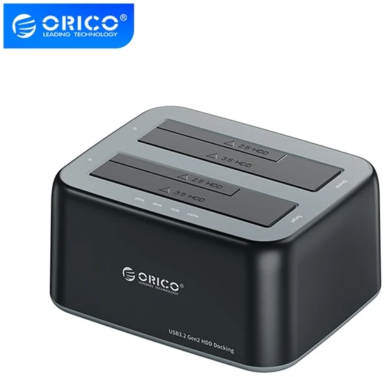 Orico HDD/SSD Dokkoló - 6829C3-C-EU-BK (2x 2,5"/3,5" HDD/SSD -> USB-A, Offline klón funkció, Max.: 36TB, fekete)