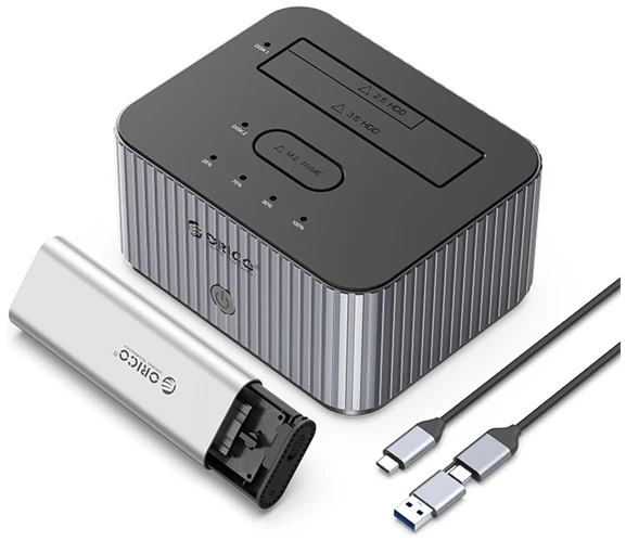 Orico M.2 SSD/HDD Dokkoló - IT28E-C-EU (M.2 NVMe + 2,5"/3,5" HDD -> USB-A/C, Klón funkció, Max.: 10Gbps, szürke)