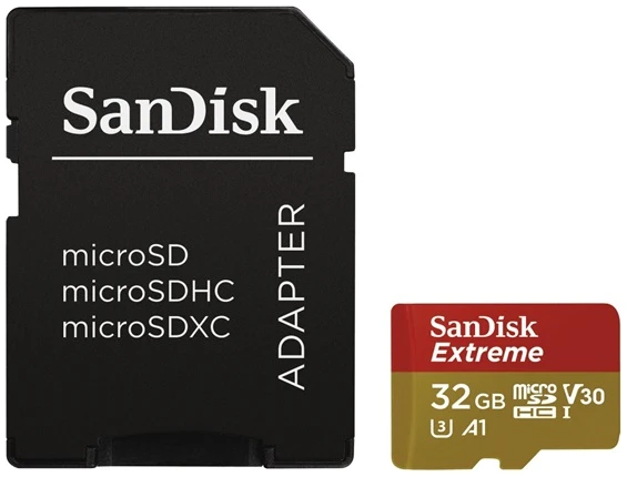 SanDisk MicroSD kártya - 32GB microSDHC Extreme (100MB/s, Class 10 UHS-I, A1 V30) + adapter