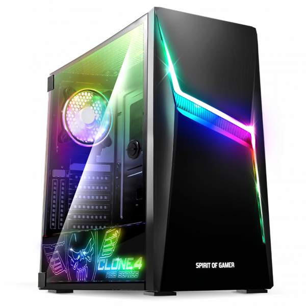 Spirit of Gamer Számítógépház - CLONE 4 Black (fekete, ablakos, 2x12cm ventilátor, alsó táp,  ATX, 1xUSB3.0, 2xUSB2.0)