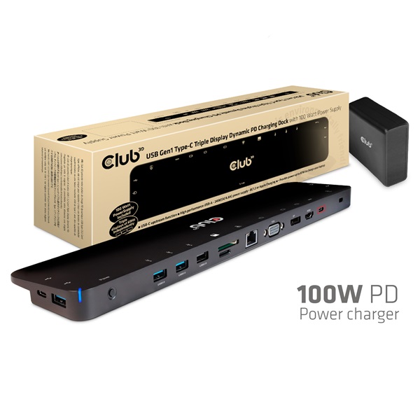 Club 3D Notebook Dokkoló - CSV-1564W100 (100W, 3.2 USB-C to 3xUSB-A 3.2, 5x USB-A,HDMI, PD, VGA, RJ45, SD, Micro SD, 3,5
