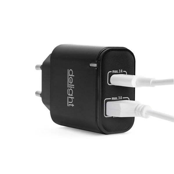 Delight Telefon töltő - 1db Type-C + 1db USB PD20W gyorstöltéssel, Fekete 1 Delight Telefon töltő - 1db Type-C + 1db USB PD20W gyorstöltéssel, Fekete