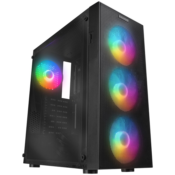 Everest Számítógépház - FACED V1 (fekete; üveg; ATX; alsó táp; 4x120mm LED; 1xUSB3.0 + 2xUSB2.0)