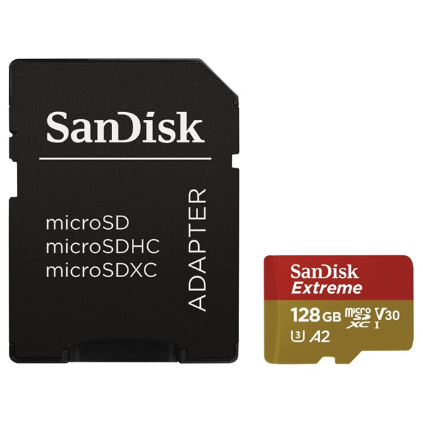 SanDisk MicroSD kártya - 128GB microSDXC Extreme (190/90 MB/s, Class 10 UHS-I U3, A2 V30) + adapter 1 SanDisk MicroSD kártya - 128GB microSDXC Extreme (190/90 MB/s, Class 10 UHS-I U3, A2 V30) + adapter
