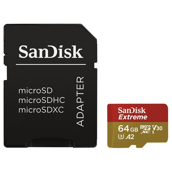 SanDisk MicroSD kártya - 64GB microSDXC Extreme (170/80 MB/s, Class 10 UHS-I U3, A2 V30) + adapter 1 SanDisk MicroSD kártya - 64GB microSDXC Extreme (170/80 MB/s, Class 10 UHS-I U3, A2 V30) + adapter