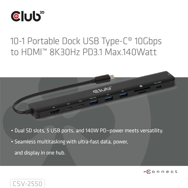 Club 3D USB Hub - CSV-2550 (USB-C to 3xUSB-C, 3xUSB-A, RJ45, SD/MicroSD, 140W PD, HDMI, 8K30hz)