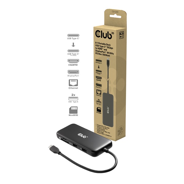 Club 3D USB Hub - CSV-2551 (USB-C to USB-C, 2xUSB-A, RJ45, SD/MicroSD, 100W PD, HDMI, DP, 8K30hz) 1 Club 3D USB Hub - CSV-2551 (USB-C to USB-C, 2xUSB-A, RJ45, SD/MicroSD, 100W PD, HDMI, DP, 8K30hz)