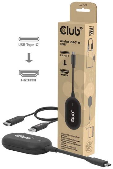 Club 3D Átalakító - CSV-2570 (USB-C to HDMI vezeték nélkül, 25m hatótáv, FHD 60Hz, Alt Mode, HDCP 1.4 & 2.2)