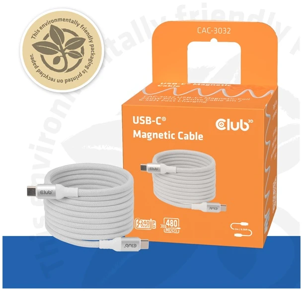 Club 3D Kábel - CAC-3032 (USB-C, Mágneses, PD3.1, 240W, 20Gbps, fehér, M/M, 2m)