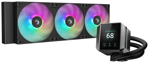 DeepCool CPU Water Cooler - MYSTIQUE 360 ARGB (max 21dB; max. 123,09 m3/h; 3x12cm, LED kijelző, fekete)