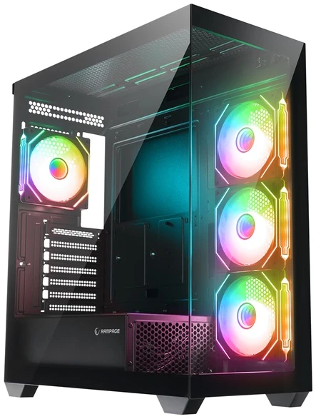 Rampage Számítógépház - HYDRA V4 (fekete; üveg; ATX; alsó táp; 4x120mm RGB, 1xUSB3.0 + 2xUSB2.0)