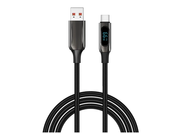 S-Link kábel - UC-066 (LED kijelző, 66W, Gyorstöltés, Type-C, 100cm adat+töltőkábel, fekete, fonott)