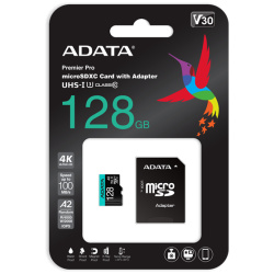 ADATA MicroSD kártya - 128GB microSDXC UHS-I U3 Class10 A2 V30S (R/W: 100/85 MB/s) + adapter