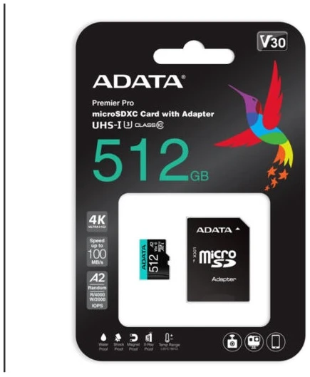 ADATA MicroSD kártya - 512GB microSDXC UHS-I U3 Class10 A2 V30S (R/W: 100/85 MB/s) + adapter