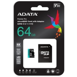 ADATA MicroSD kártya - 64GB microSDXC UHS-I U3 Class10 A2 V30S (R/W: 100/80 MB/s) + adapter
