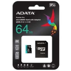 ADATA MicroSD kártya - 64GB microSDXC UHS-I U3 Class10 A2 V30S (R/W: 100/80 MB/s) + adapter