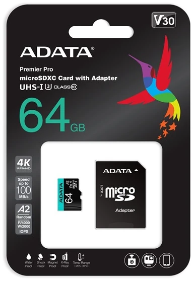 ADATA MicroSD kártya - 64GB microSDXC UHS-I U3 Class10 A2 V30S (R/W: 100/80 MB/s) + adapter 1 ADATA MicroSD kártya - 64GB microSDXC UHS-I U3 Class10 A2 V30S (R/W: 100/80 MB/s) + adapter