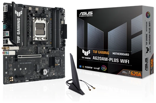 Asus Alaplap - AMD TUF GAMING A620AM-PLUS WIFI AM5 (A620, 4xDDR5 7600+MHz, 1x 2,5 Gb LAN, 2xM.2, 4xSATA3, HDMI+2xDP)