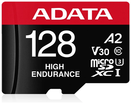 ADATA MicroSD kártya - 128GB microSDXC UHS-I U3 Class10 A2 V30S High Endurance (R/W: 100/85 MB/s, 24/7 record) + adapter