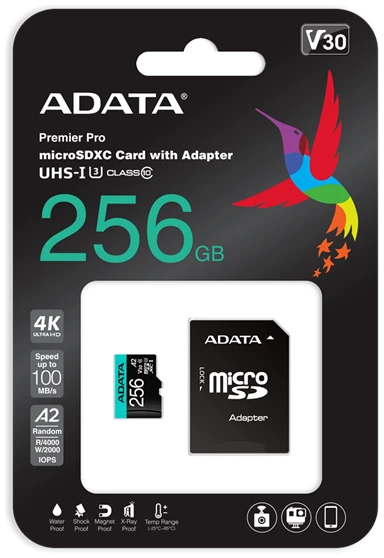 ADATA MicroSD kártya - 256GB microSDXC UHS-I U3 Class10 A2 V30S (R/W: 100/85 MB/s) + adapter 1 ADATA MicroSD kártya - 256GB microSDXC UHS-I U3 Class10 A2 V30S (R/W: 100/85 MB/s) + adapter
