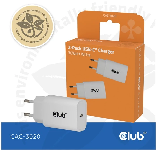 Club 3D Hálózati Adapter - CAC-3020 (2db/csomag, 30W USB-C, PD3.0, túltöltés védelem, kicsi méret, fehér) 1 Club 3D Hálózati Adapter - CAC-3020 (2db/csomag, 30W USB-C, PD3.0, túltöltés védelem, kicsi méret, fehér)