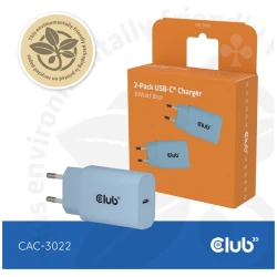 Club 3D Hálózati Adapter - CAC-3022 (2db/csomag, 30W USB-C, PD3.0, túltöltés védelem, kicsi méret, kék)
