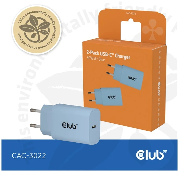 Club 3D Hálózati Adapter - CAC-3022 (2db/csomag, 30W USB-C, PD3.0, túltöltés védelem, kicsi méret, kék) 1 Club 3D Hálózati Adapter - CAC-3022 (2db/csomag, 30W USB-C, PD3.0, túltöltés védelem, kicsi méret, kék)