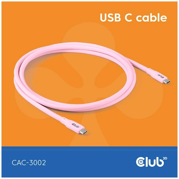 Club 3D Kábel - CAC-3002 (USB-C, PD 240W, 20Gbps, 4K60Hz, rózsaszín, M/M, 2m)