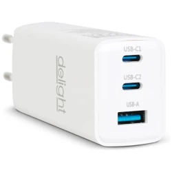 Delight USB-A 20W + Type-C (USB-C) PD45W adapter 65W (55042), DC 5-20V, gyorstöltéssel, fehér