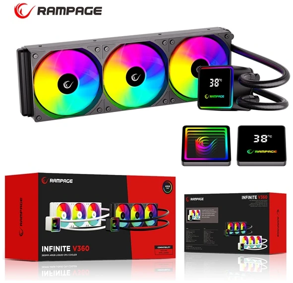 Rampage CPU Water Cooler - INFINITE V360 (Mágneses kijelző, 36,9dB max., 98,54 m3/h; 3x12cm, A-RGB LED, fekete)