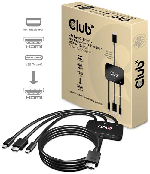 Club 3D Átalakító - CAC-1630 (USB-C + HDMI + MiniDisplayport to HDMI 4K60Hz, M/M, 32AVG)
