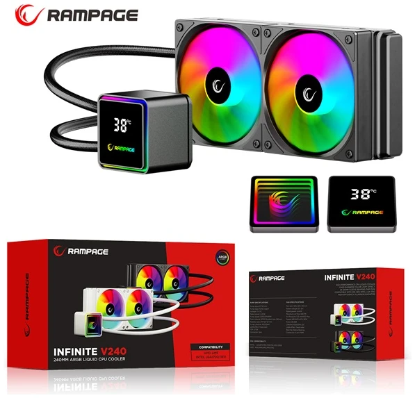 Rampage CPU Water Cooler - INFINITE V240 (Mágneses kijelző, 36,9dB max., 98,54 m3/h; 2x12cm, A-RGB LED, fekete)
