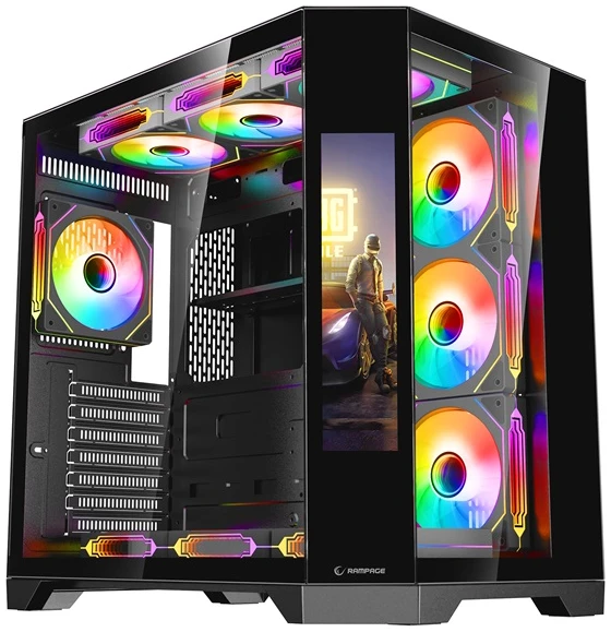 Rampage Számítógépház - NOVA (fekete; üveg; ATX; 9,17" TFT kijelző, 7x120mm RGB, 1xUSB3.0 + 1xUSB2.0)