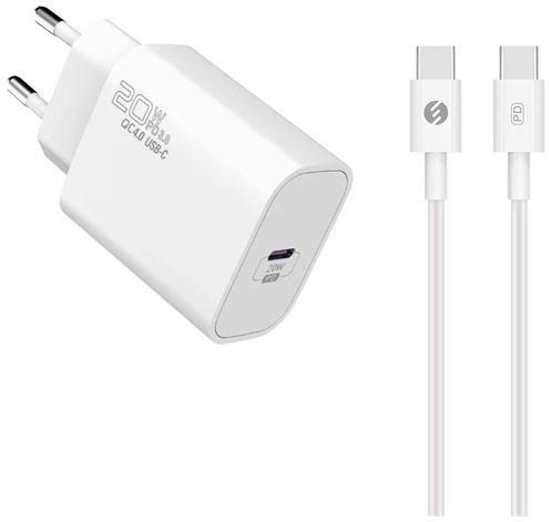 S-Link Hálózati töltő - SL-EC62TP (20W, QC4.0 Gyorstöltés,Type-C to Type-C, 100cm adat+töltőkábel, fehér)